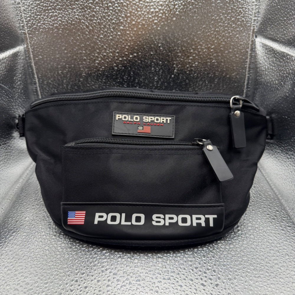 VTG Polo Sport Ralph Lauren Unisex OS Black Rubber Logo Fanny Pack Waist Bag